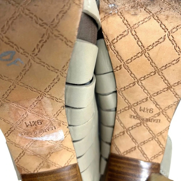 L.A.M.B. Kam Taupe Platform Slingback Wooden Heels Sandals Size 9.5 - Picture 10 of 11